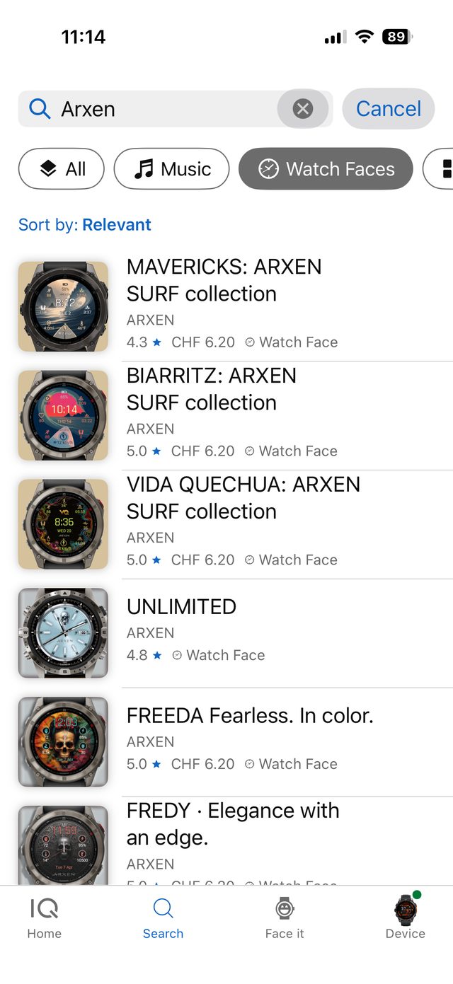 ARXEN Zifferblätter im Connect IQ Store mit Preisschildern