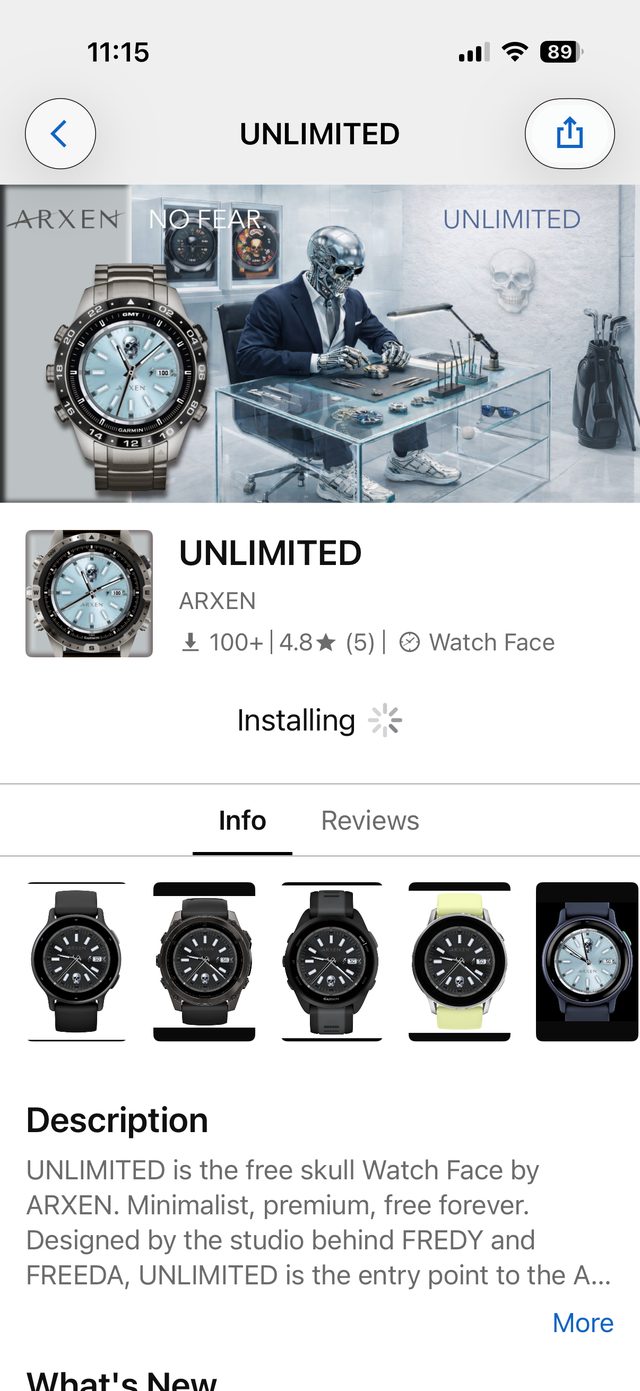 Le cadran de montre en cours d’installation depuis Connect IQ Store