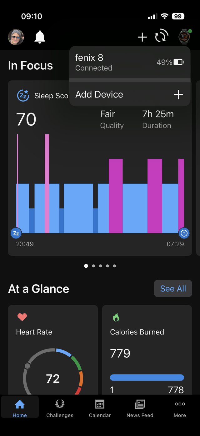 Strona główna Garmin Connect z połączonym zegarkiem