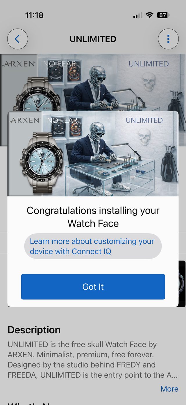Confirmação no app de que o mostrador foi instalado