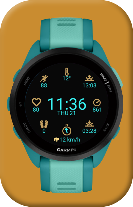 Vida Quechua watchface on Forerunner 165 · teal band