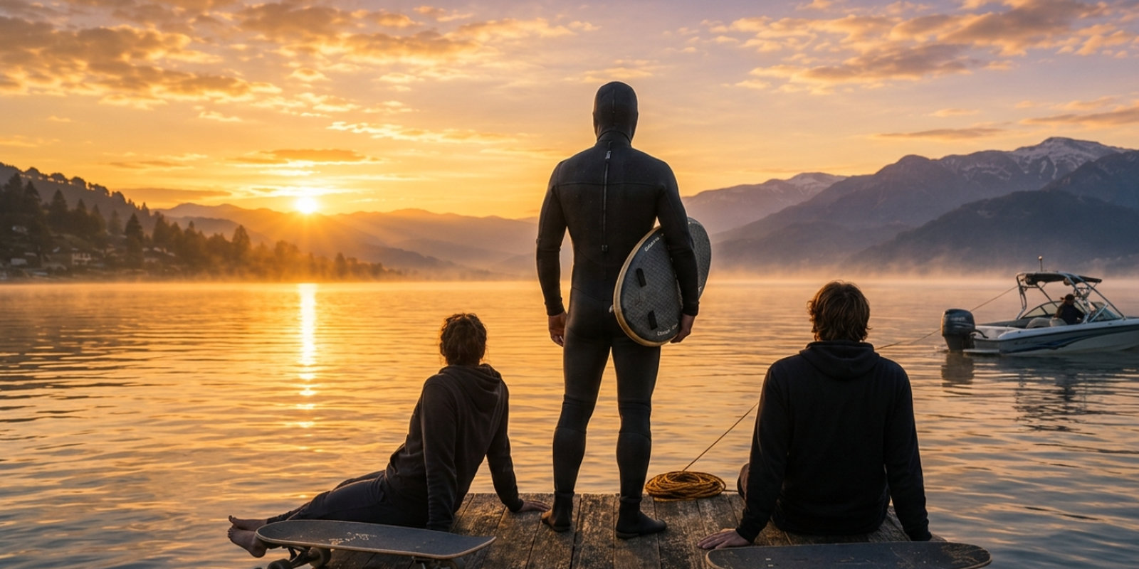 Tres amigos en un pontón del Lago Lemán al atardecer, tabla de wakesurf en la mano, surfskates apoyados